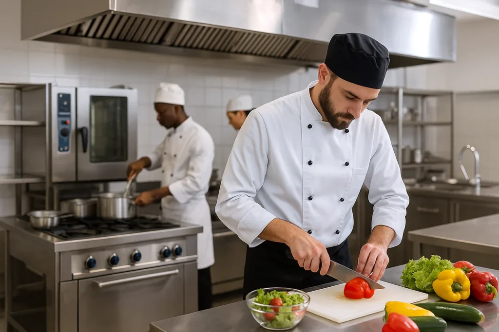 Chefs trabajando en una cocina industrial profesional en Madrid